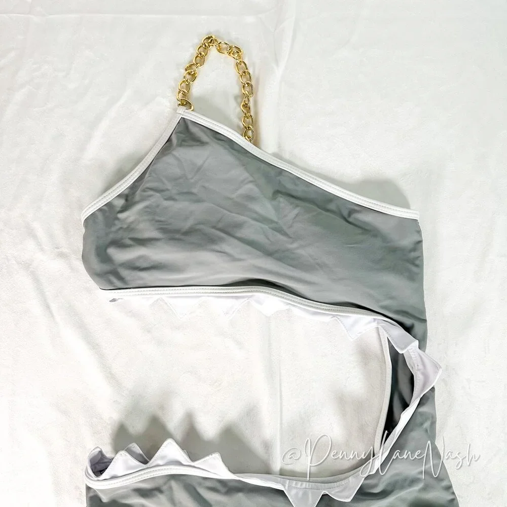 Shein Girls Shark Bite One Piece Swimsuit with Chain Strap - Picture 3 of 8
